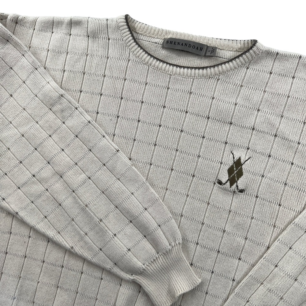 VTG 90s Shenandoah Golf Sweater Men L Beige Embroidered Grid Knit Made in USA